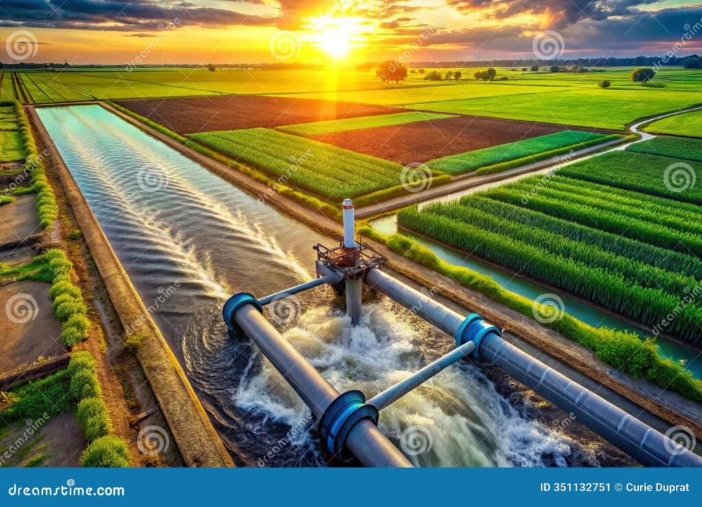 aerial irrigation system drone photography tubewell water flow groundwater extraction agricultural captivating 351132751